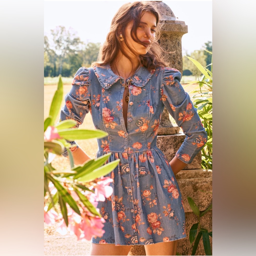 LoveShackFancy Beyers Corduroy Mini Dress 🌸 Size 8 Faded Denim Floral